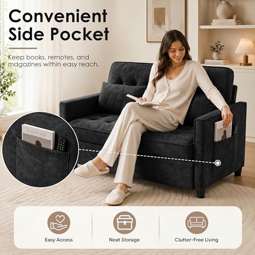 Image of Dreamzie 55'' 3 in 1 Convertible Sofa Bed with USB Charging Ports, Pull Out Couch with Adjustable Backrest and Side Pockets, Sleeper Sofa for Living Room, Apartment, RV, Easy Assembly - Black