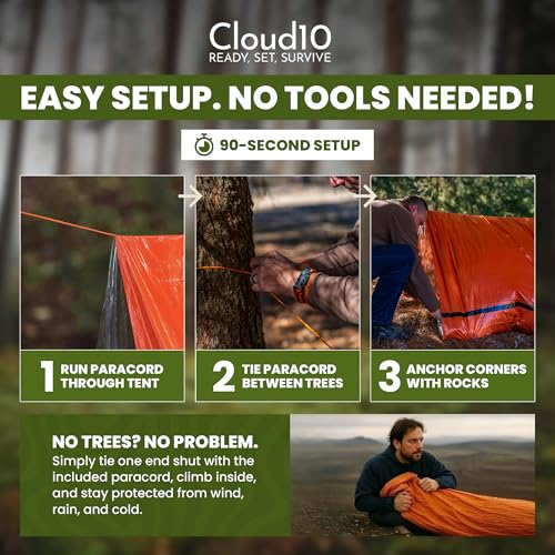 CloudTen Emergency Tent: Lightweight 2 Person Mylar Survival Tent with Multi-Function Paracord Bracelets - Survival Gear & Bug Out Bag Items for Preppers, Hikers, Survivalists, Campers, Boy Scouts - image 3