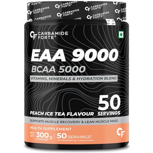 Image of Carbamide Forte Eaa Supplement with Bcaa 5000Mg | Eaa intra workout Supplement for Men & Women with Hydration Blend & Vitamins - Peach Iced Tea Flavour - 50 Servings - Powder 300G