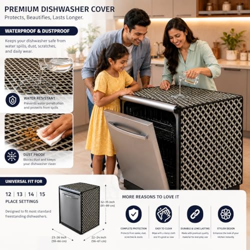 Image of Waterproof Dishwasher Cover for 12 to 15 Place Setting | Suitable with Bosch, LG, IFB, Hafele, Faber & More | Dustproof Appliance Protector Zip Cover Universal Fit-(63X63X88cms Design 15)