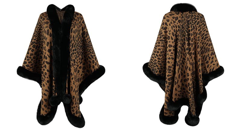 Women's Leopard Print Shawl Wraps Fur Collar Open Front Knitted Poncho Oversized Warm Cardigan Capes for Fall Winter2