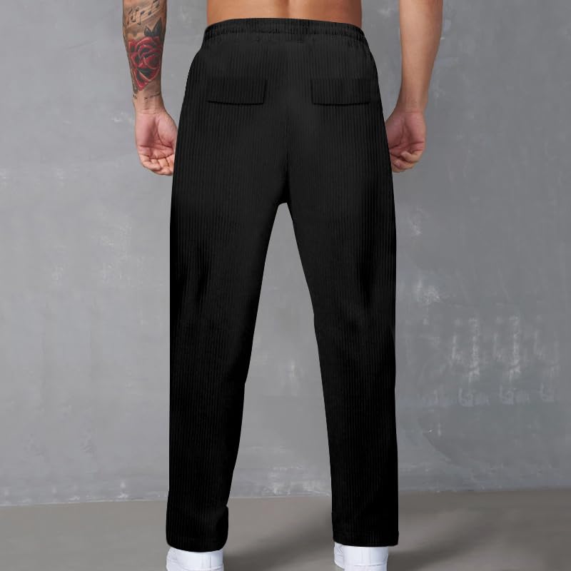 Men's Casual Cargo Drawstring Pants Elacstic Waist Solid Color Trousers with Pockets Straight Leg Trendy Outfits Fashion Loose Fit Relaxed Sweatpants Black 3XL3