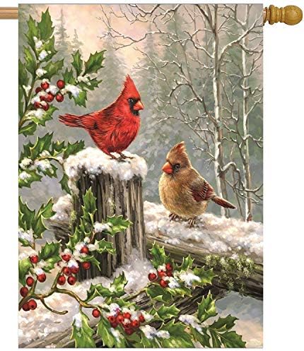 Wamika Spring House Flags 28 x 40 Double Sided, Cardinal Red Bird Holly Berry Branches Snow Welcome Winter Holiday Yard Outdoor Garden Flag Banner for Party Home Christmas Decorations