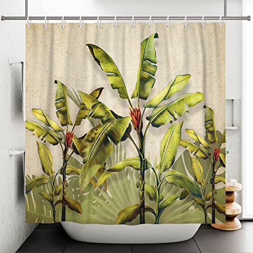 ASDCXZ Shower Curtain 180x200 cm, Vintage Tropical Green Banana and Palm Leaves Bath Curtain - Image 2