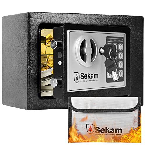 SEKAM Steel Small Money Safe Box for Home Office with Fireproof Money Bag for Cash, Personal Safe with Pass Code and Key Lock, Mini Safe Lock Box for Cash Jewelry Storage, Digital Security Safe Silver SEKAM Steel Small Money Safe Box for Home Office with Fireproof Money Bag for Cash, Personal Safe with Pass Code and Key Lock, Mini Safe Lock Box for Cash Jewelry Storage, Digital Security Safe Silver