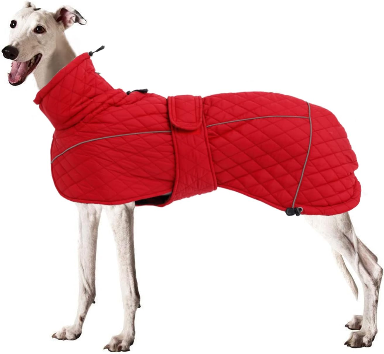 Greyhound Lurcher Winter Coat Whippet Warm Coat with Fleece Water Resistant Dog Jacket with Hook Loop Closure Zipper Harness Hole - Red - Small