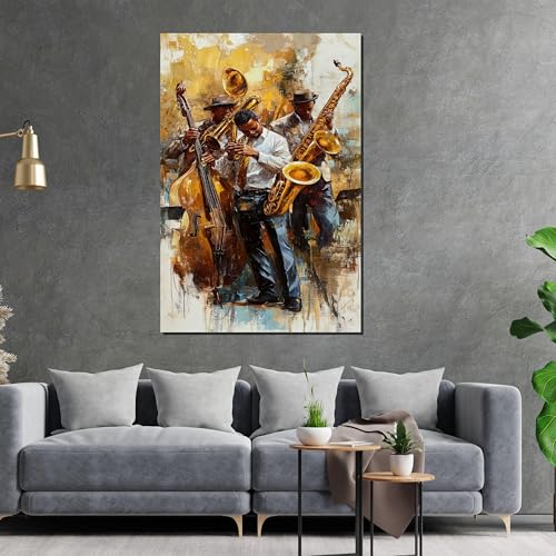 YUSUZHU Toile représentant un trio de jazz, tableau de musiciens de jazz, impression d'art avec un saxophone, décoration murale sur toile (80 x 120 cm, sans...