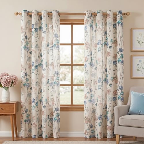 Image of MYSKY HOME Living Room Linen Curtains 90 inch Floral Pattern Light Filtering Privacy Protect Drapes for Window Decoration Rustic Vintage Style for Family Room, 52 inch Wide, Brown, 2 Pcs