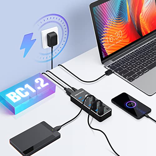 RSHTECH USB Hub 3.0 met 10 W (5V / 2A) Voeding, Aluminium 7-Poorts USB 3.0 Hub, USB 3.0-Poorts Verdeler voor Opladen en Gegevensoverdracht, met LED-Indicator en Individuele Schakelaar (RSH-518-2) - Afbeelding 4
