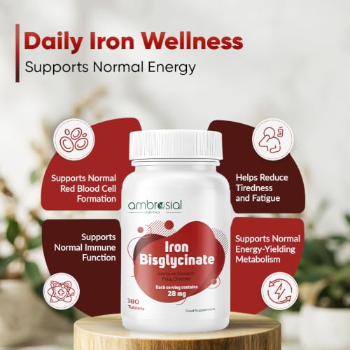Image of Ambrosial Iron Bisglycinate 28mg High Strength Tablets | High Absorption Iron Supplement for Tiredness and Fatigue for Women and Men | Pack of 1-180 Veg Tablets