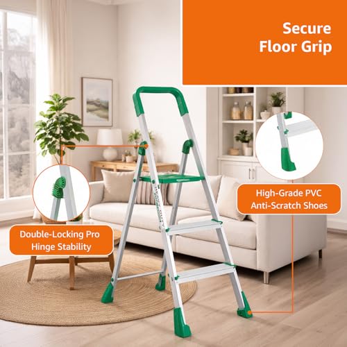 Image of Amazon Basics Clamber Pro - Foldable Step Ladder, Firm Grip, 3 Steps (Aluminium Steps, Green & Satin)
