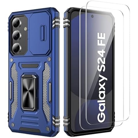Niecase for Samsung Galaxy S24 FE Case with Slide Camera Cover + Screen Protector X2, Military Grade Shockproof Heavy Duty Protective Cover, Built in Rotatable Ring Holder Kickstand for S24 FE (Blue) Cover