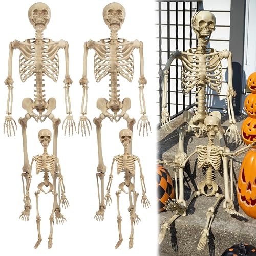 Posable Life Size Human Skeleton Family 4pk- 2 Adult (5'4') & 2 Children (2')- Halloween Prop Indoor Outdoor Decorations w Bending Articulated Bones
