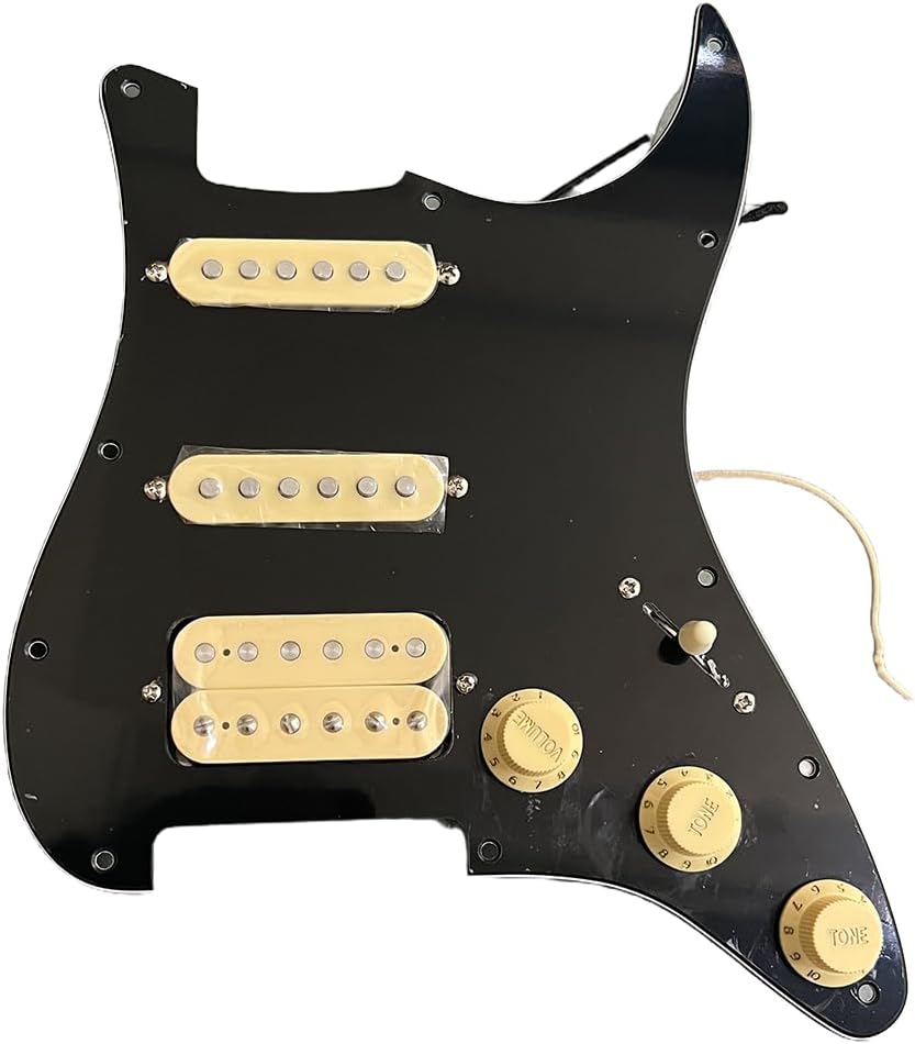 HSS Loaded Pickguard ST Prewired Pickguard with Alnico 5 Single Coil Humbucker Pickups for Squier Strat Electric Guitar (3Ply Black with Cream Cover)