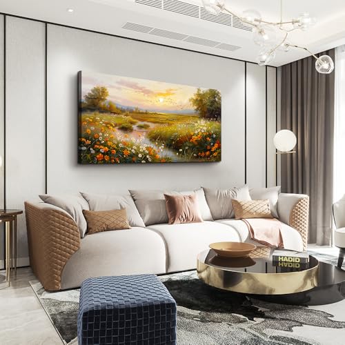 ERQINHUA Wall Art For Living Room Canvas Wall Decor For Bedroom Flower landscape Watercolour Painting Office Decoration Countryside Sunrise Scenery Wall Picture Ready To Hang Home Decor 20"X40"