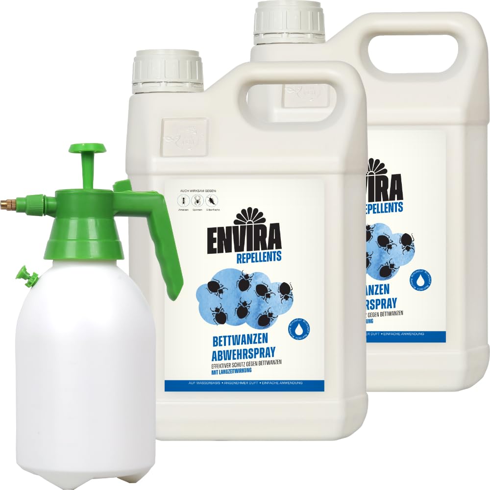Envira Bettwanzen Abwehrspray 2x 5 Liter + 2L Sprüher - Spray mit Langzeitwirkung gegen Bettwanzen - Mittel gegen Bettwanzen für Wohnung, Hotel, Matratzen & auf Reisen - Bettwanzen loswerden