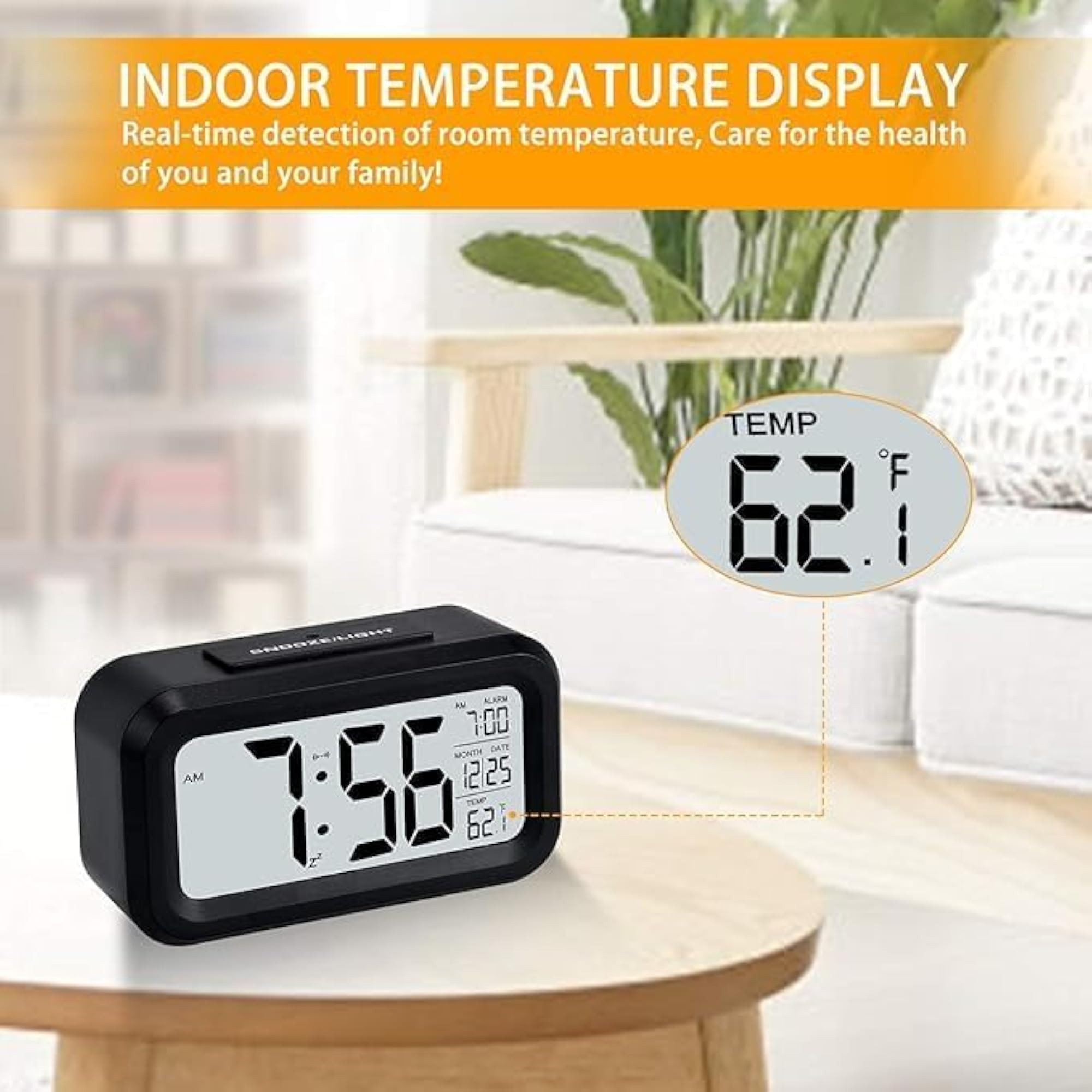 Compact Digital Alarm Clock with Date and Temperature Display