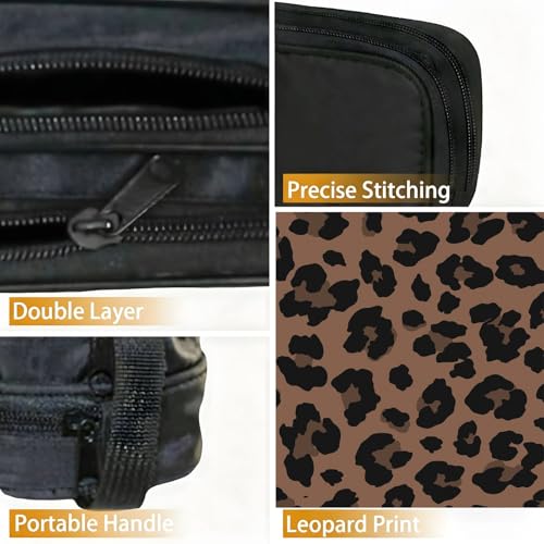 Image of WOBAGMEN Double Layer Pencil Case with Handle Large Pencil Bag Cute Print Pencil Pouch for Boys Girls (Brown Leopard)