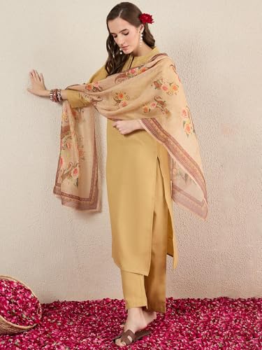 Image of INDO ERA Women's Straight Cotton Blend Ethnic Motifs Embroidered Kurta Pant With Dupatta Set