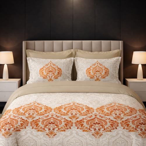 Image of LANE LINEN 100% Cotton Printed King Size Bedsheet - Orange | OEKO-Tex Certified, 250TC, Fits King & Double Bed, Damask Print, Breathable & Wrinkle-Free, Includes 2 Pillow Covers