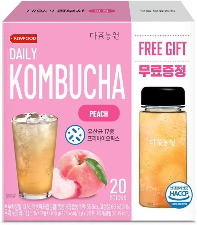KAYFOOD Garden Daily Kombucha Tea Powdered Mix, Probiotics & Prebiotics, 20 Sticks with Bottle (3.52oz), Zero Sugar, Diet Beverage, Healthy Fermented Drinks Korea (Peach, Reusable Bottle Set)