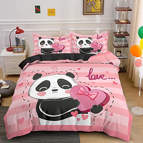 Housse de Couette 140X200 cm Panda Rose Parure de Lit 1 Personne pour Adolescents Respirant Microfibre Housse de Couette avec Fermeture Éclair + 2 Taie d'oreiller 65x65 cm Cover