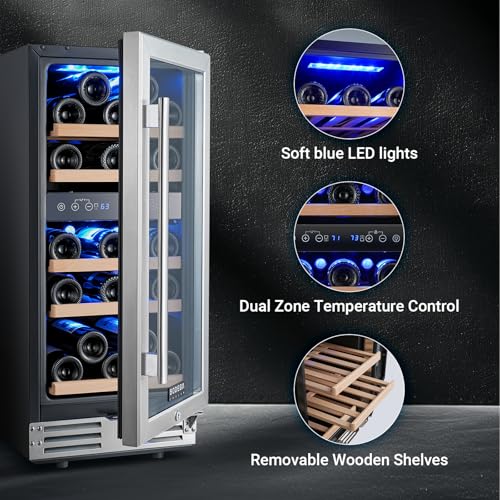Image of BODEGA 15 Inch Wine Fridge, 30 Bottles Dual Zone Wine Cooler, 41-68F Wine Refrigerators Free standing, Soft LED Dual Zone Wine Fridge, Built-in or Freestanding for Home /Bar /Kitchen (3.2 cu.ft), Black