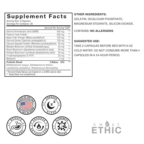 Image of Sweat Ethic Pure & Lean Detox, Natural Nighttime Support with GABA, 5 HTP, Melatonin, Probiotics & Herbal Extracts, Supports Evening Routine and Digestion, Dietary Supplement for Men & Women, 60 Count