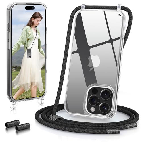 GOODVISH Handykette iPhone 16 Pro Max Hülle mit Band 6 9 Zoll Transparent Necklace Handyhülle 16 Pro Max mit Kette Stossfest Schutzhülle [Abnehmbar Umhänge] Stylische case Schwarz