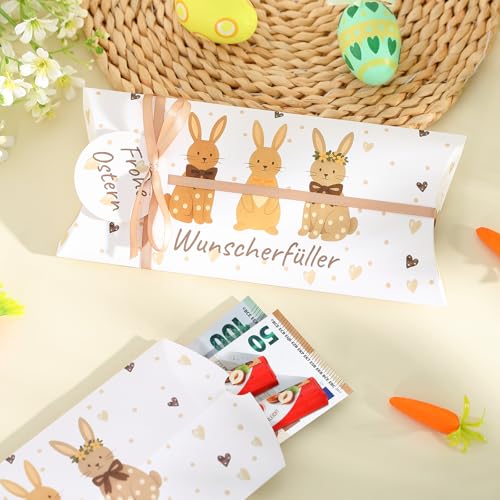 Hestya 8 Stück Wunscherfüller Geldgeschenk Frohe Ostern Verpackung Geld Verpacken Hase Kissenschachteln Geschenkbox Befüllen Ostergeschenke Gutschein und Süßigkeiten Schachtel(Drei Osterhasen)