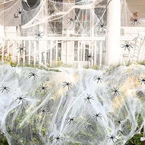 200g Halloween Decorations Outdoor Spider Web Set Indoor, Spooky Stretchable Cobwebs with 30pcs Plastic Fake Spiders Halloween Decor,Hocus Pocus Halloween Props For Door Yard Home Garden Party Cover