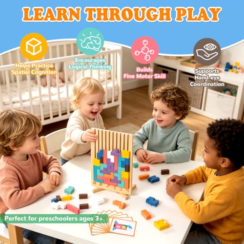 Image of Wooden Stacking Puzzle Toy, 3D Montessori Color Stack Game for Kids Ages 3+ | 42 Solid Wood Blocks, 10 Challenge Cards, Smooth Edges, Logic Development, Brain Teaser Educational Family Game for Ages 3+