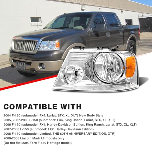 Headlight Assembly for 2004-2008 Ford F150 Pickup 2006-2008 Lincoln Mark LT Clear Lens Chrome Housing Amber Reflector Replacement W/O Bulbs - Image 3