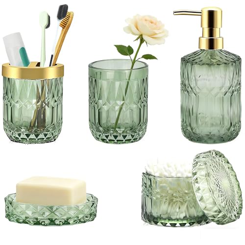 Lot de 5 Accessoires de Salle de Bain en Verre, Décoration de Bain Moderne, Cadeau Vintage avec Distributeur de Lotion, Porte Savon, Porte Brosse à Dents,...