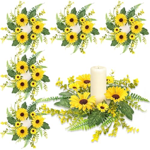 Image of 6Pcs Sunflower Wreath for Front Door Artificial Sunflower Spring Summer Table Centerpieces Wreath Fake Yellow Floral Candle Rings Wreaths for Pillars Cabinets Wedding Table Home Decor