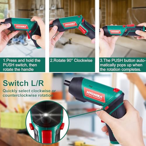Image of Cordless Screwdriver 6 N.m, HYCHIKA 3.6V 2.0Ah Rechargeable Electric Power Screwdriver Gun, Adjustable 2 Position Handles, Front LED, DC Charging, 20pcs Accessories