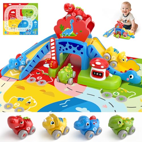 Toddler Toys for 1 2 Year Old Boy Gifts - Educational Dinosaur Slide Set with 4 Color/Number Push Cars and Playmat Montessori Learning Toy for Baby 12-18 Months 1st Birthday Present Ages 1-2 Red