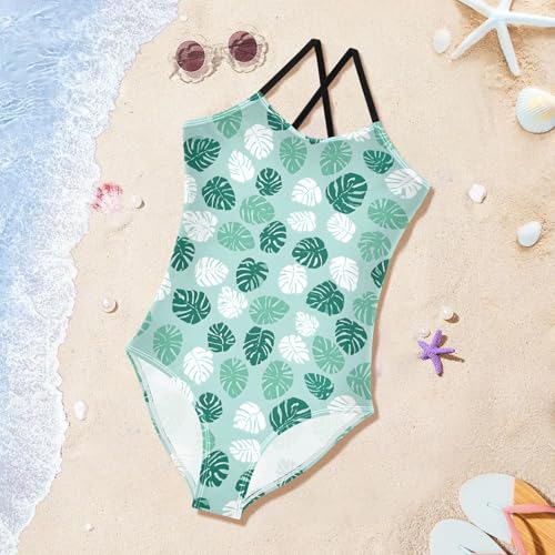 Palm Leaf Girls One Piece Swimsuits Summer Quick Dry Beach Bathing Suit3