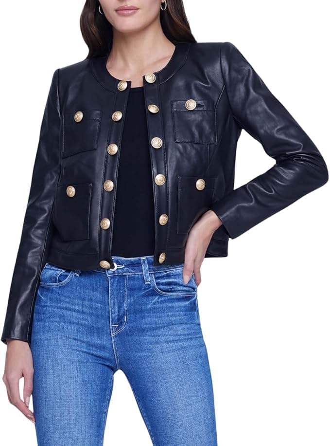 Women's Red Leather Jacket Gold Button Front Women's Black Real Lambskin Leather2