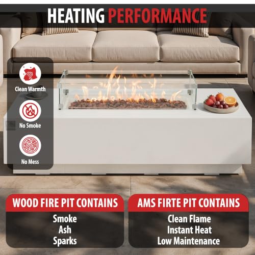 Image of AMS 66 inch Rectangular Concrete Propane Gas Fire Pit Table Bundle, Cream White