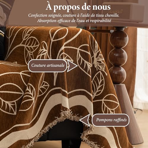 Jeté de canapé réversible protection canapé feuilles marron 180 * 130cm