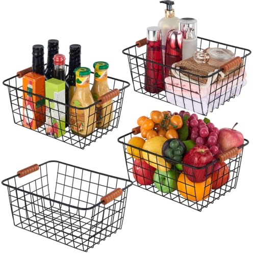 JUNCHU CHERRY Wire Kitchen Storage Basket 4 Packs,Perfect Pantry Organization Accessories Baskets,Laundry Basket,With a Wooden handle,Suitable for Kitchen,Bathroom,Bedroom,Tabletop,Stackable,Black
