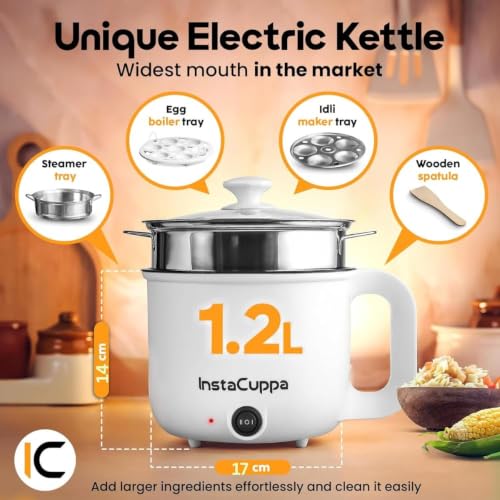 Image of InstaCuppa 3-in-1 Multi Cook Kettle with Steamer, 1.2 L Inner Pot, Adjustable Temperature Settings, Wide Mouth, Ideal for Boiling Milk, Tea, Coffee, Eggs & Steaming Veggies, 600 Watts