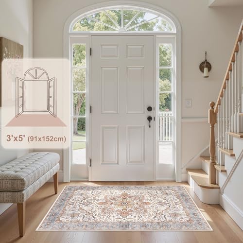 Tortania Area Rug Living Room Rugs - 3x5 Washable Rug Vintage Oriental Distressed Farmhouse Small Thin Indoor Carpet for Living Room Bedroom Under Dining Table Home Office - Azure Orange