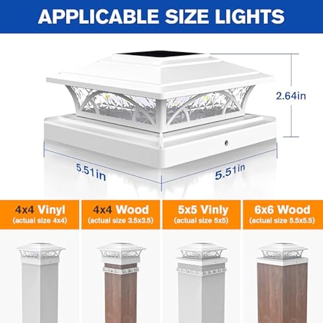 APONUO Solar Post Cap Lights Solar Fence Post Lights White for 4x4 6x6 Wood 4x4 5x5 Vinyl Posts