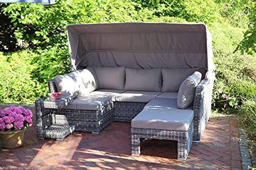 Beauty.Scouts 5-TLG. Loungesofaset Bali Rattan grau Polyrattan inkl. Polster Taupe mit Sonnendach Gartenpolster Loungemöbel Gartenlounge wetterfest – Bild 4