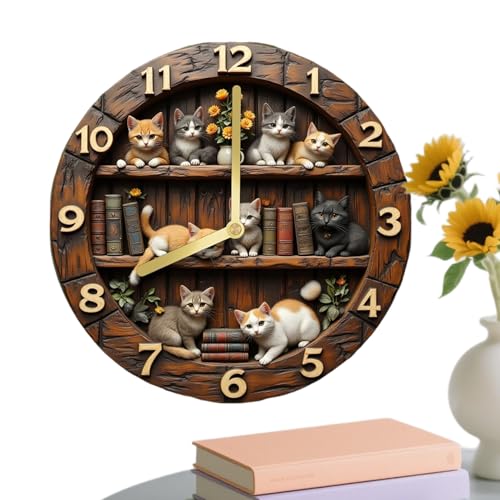 Orologio da parete a forma di gatto, silenzioso, senza ticchettio, effetto legno retrò, profilo piatto leggero da 410 g, display analogico ad alta precisione, per camera da letto, biblioteca, studio