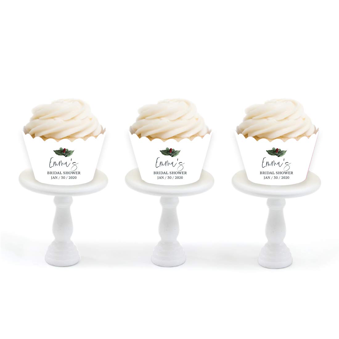 Andaz Press Winter Snowy Woodland Forest Watercolor Wedding Party Collection, Personalized Cupcake Wrappers, Custom Name Bridal Shower and Date, 24- Pack, Bridal Shower Decorations