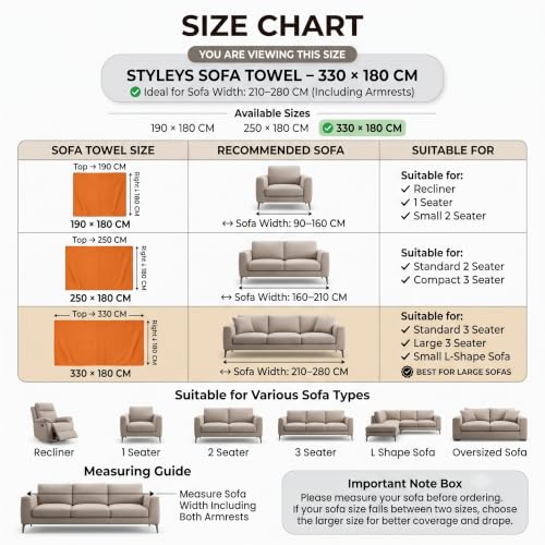 Image of Styleys Chenille Sofa Cover - Reversible Sofa Towel & Blanket | Soft, Anti-Slip, Washable Couch Protector for Living Room & Lounge - 3 Seater - 330X180cm, Khaki, XNESMSFJ-3C