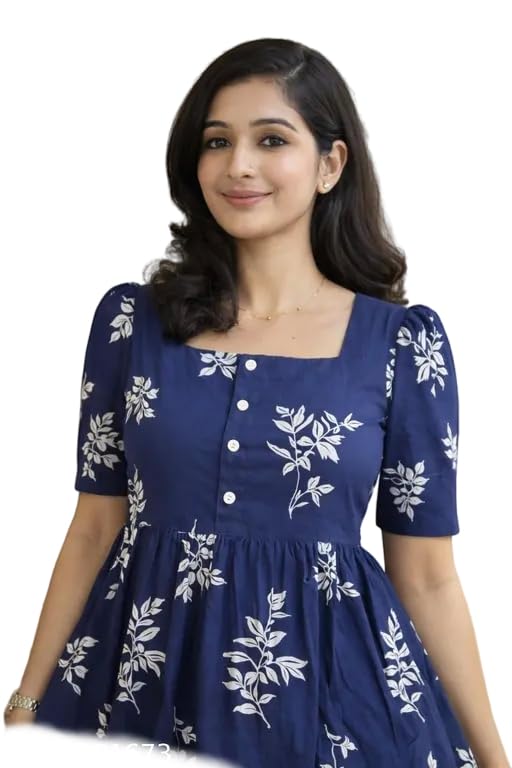 Image of Women's Round Neck Floral Block Printed Elbow Sleeves Front Button Detailing Layered and Tiered Hem Kurti Gown